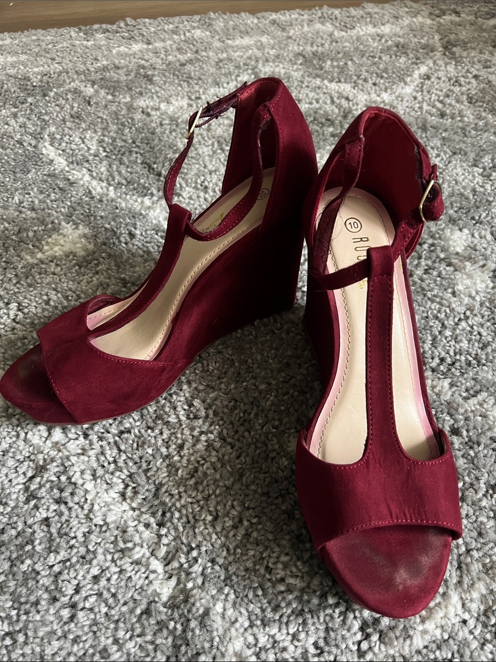 BAMBOO Burgundy T-Strap Wedge Sandals